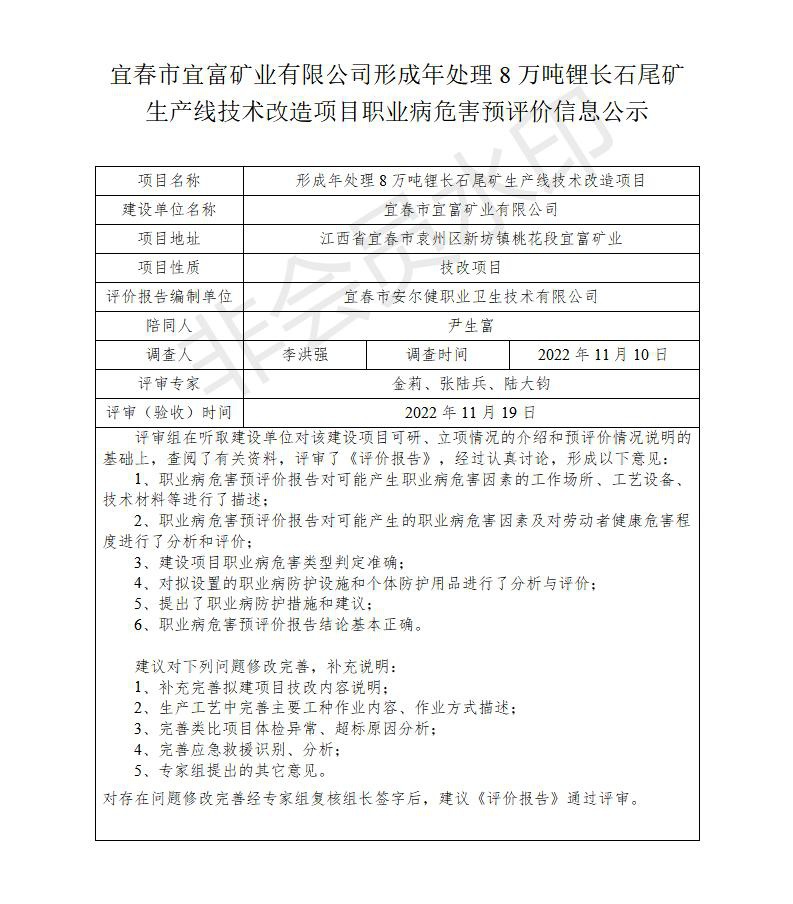 宜春市宜富礦業(yè)有限公司形成年處理8萬噸鋰長石尾礦生產(chǎn)線技術改造項目  職業(yè)病危害預評價信息公示_01.jpg