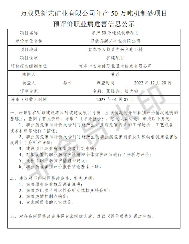 萬(wàn)載縣新藝礦業(yè)有限公司年產(chǎn)50萬(wàn)噸機(jī)制砂項(xiàng)目預(yù)評(píng)價(jià)職業(yè)病危害信息公示.jpg