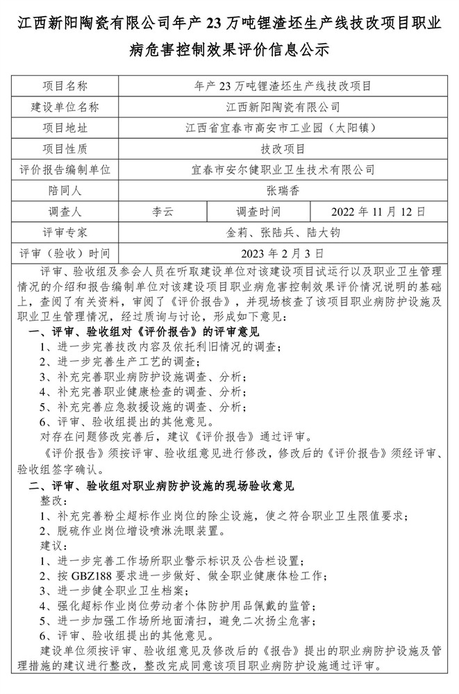 江西新陽陶瓷有限公司年產(chǎn)23萬噸鋰渣坯生產(chǎn)線技改項目 建設項目職業(yè)病危害控制效果評價信息公示-1.jpg