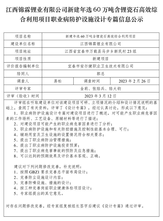 江西錦霖鋰業(yè)有限公司新建年選60萬噸含鋰瓷石高效綜合利用項目職業(yè)病防護設(shè)施設(shè)計專篇信息公示.jpg